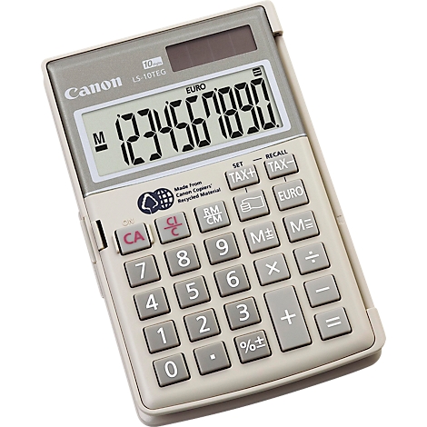 Ein grauer Taschenrechner mit der Anzeige 1234567890. Oben links das Canon-Logo, darunter Tasten.