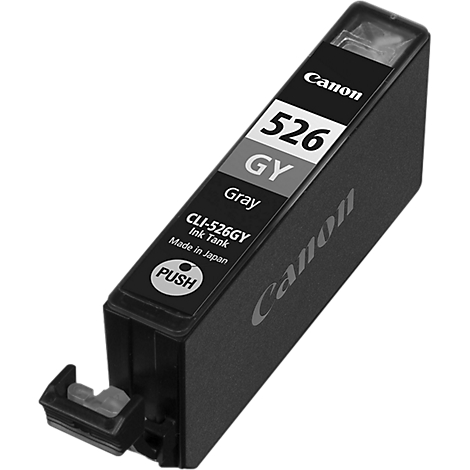 Graue Canon Tintenpatrone, Modell CLI-526GY. Aufschrift: 526 GY, Gray, Made in Japan, Canon Logo.