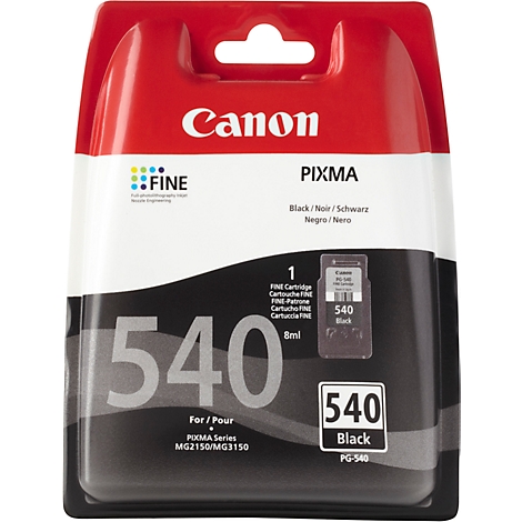 Eine Canon PIXMA Tintenpatrone PG-540, schwarz. Die Verpackung hat rote und schwarze Bereiche, mit Produktinformationen und der Aufschrift '540 Black'.