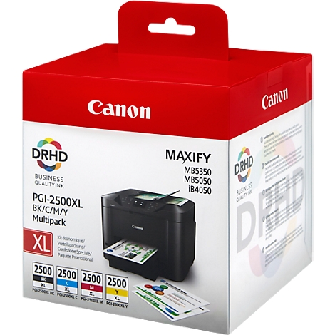 Ein roter Karton mit einer Canon MAXIFY Druckerpatrone. Aufgedruckt sind Modellbezeichnungen und die Aufschrift XL.