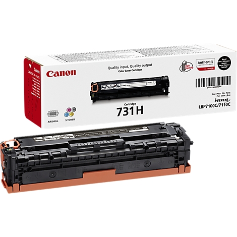 Canon 731H tonercartridge en de verpakking ervan. De verpakking is wit met rode letters, de cartridge is zwart.