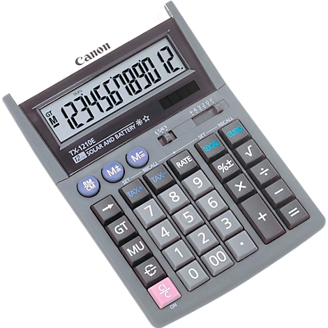 Grauer Taschenrechner mit Display, Tasten und der Anzeige der Zahlen 1 bis 12. Auf dem Rechner ist "Canon" aufgedruckt.