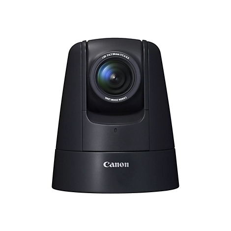 Schwarze PTZ-Kamera mit Objektiv und Canon-Logo auf weißem Hintergrund.