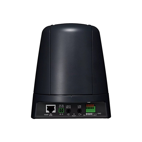 Schwarzes elektronisches Gerät, rechteckig, mit abgerundeten Ecken. Unten befinden sich Anschlüsse für Strom, Ethernet und Audio.