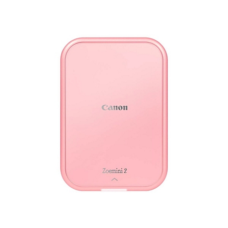 Rosa Canon Zoemini 2 Drucker, silberner Schriftzug. Unterhalb steht „Zoemini 2“ mit Pfeil.