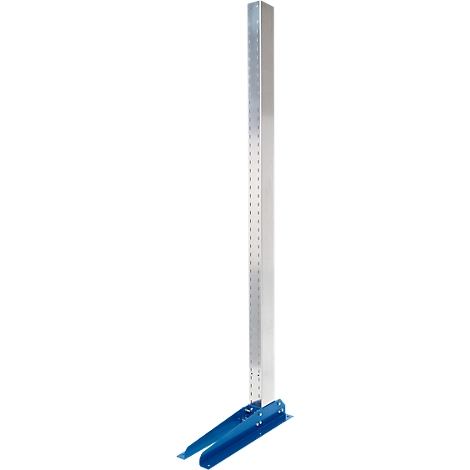 A metallic, vertical post stands on a blue base. The post has small holes.