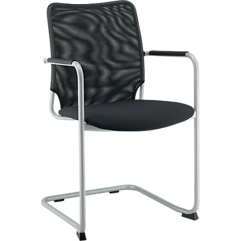 Black mesh chair, gray frame, armrests.