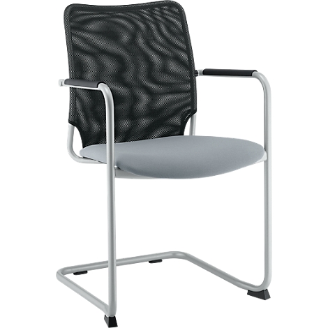 Gray mesh-back chair with armrests, silver frame and gray seat.