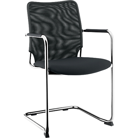Black cantilever chair, mesh backrest, black seat, chrome frame.