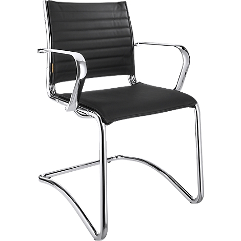 Black leather chair with armrests, chrome frame and ribbed backrest.