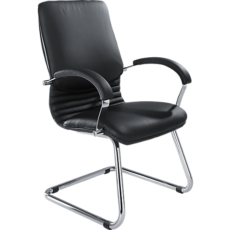 Black leather armchair, chrome frame, armrests.