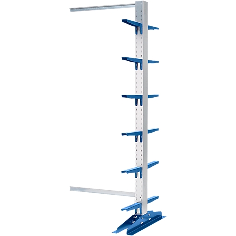 A freestanding rack with blue brackets and shelves.