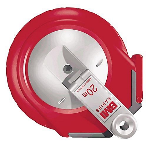 Red BMI tape measure, silver disc with scale and white measuring arm. Inscription: BMI RADIUS, 20m, Made in Germany.