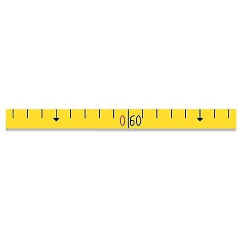 Yellow measuring tape with black lines and numbers. Black arrows at the ends, lettering '0/60'.