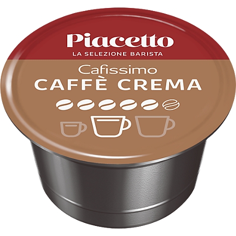 Capsule de café Piacetto Cafissimo Caffè Crema avec couvercle marron et logo blanc sur fond sombre.