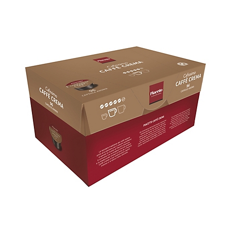 Grande boîte de réserve de capsules de café Piacetto Caffè Crema de 96 capsules sur fond blanc.
