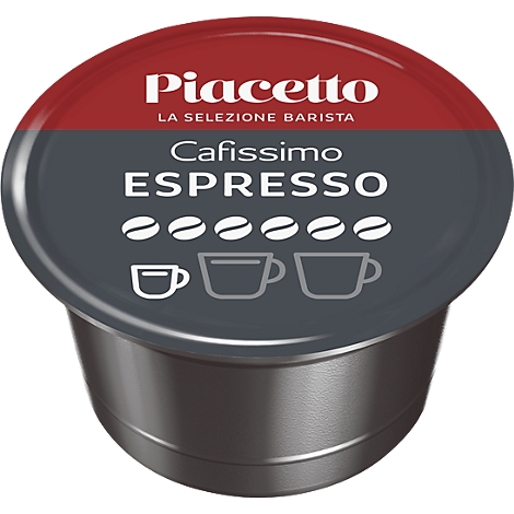 Capsule de café Piacetto pour Cafissimo, dosette foncée avec l'inscription ESPRESSO et icônes.