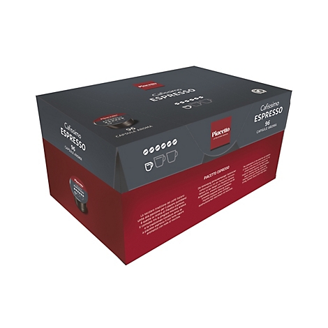 Grande boîte de 96 capsules de café Piacetto Espresso, aux tons gris foncé et rouge.