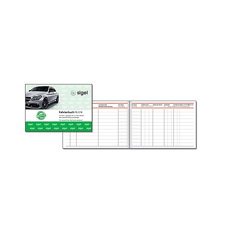 Logbook with green cover, car graphic. Open double page with tabular overview.