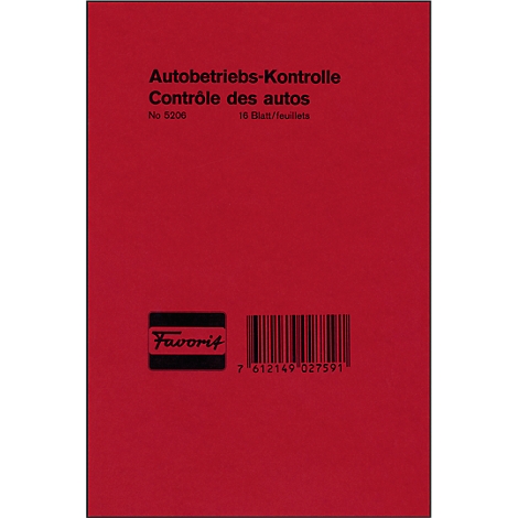 Red booklet with text: Autobetriebs-Kontrolle, Contrôle des autos. Logo: Favorit. Barcode and 16 sheets.