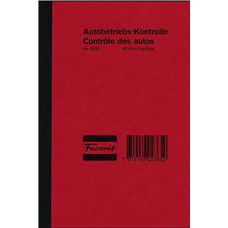 Red booklet with black border. Text: Autobetriebs-Kontrolle, Contrôle des autos. Black logo with "Favorit". Barcode below.