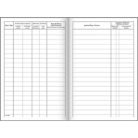Open logbook with a tabular layout. Each page has columns for date, location, driver, and costs.