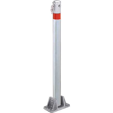 Silver parking bollard with red band. The bollard stands on a square gray base. A key is in the lock.