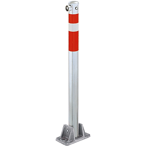 Silver bollard with red and white markings. Fixed with a bolt at the top and a square bracket at the bottom.