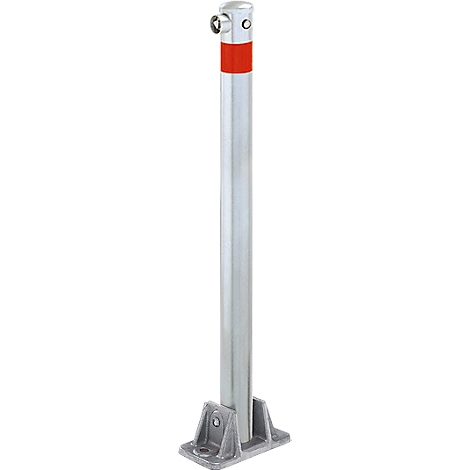 Silver bollard with red band, on a square base. At the top: ring with pin.