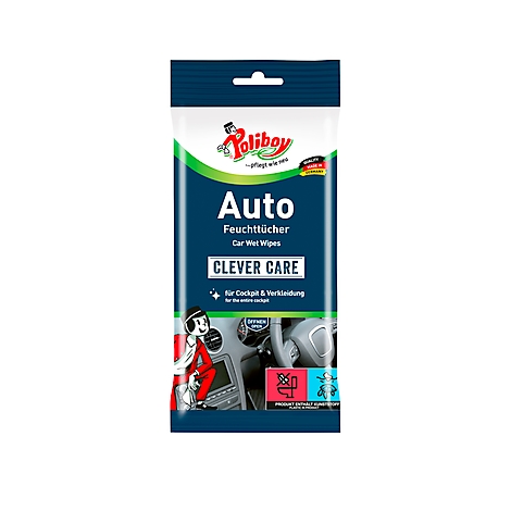 Poliboy car wet wipes packaging. The text "Auto Feuchttücher Clever Care" is on the packaging. In the background, a car cockpit is depicted.