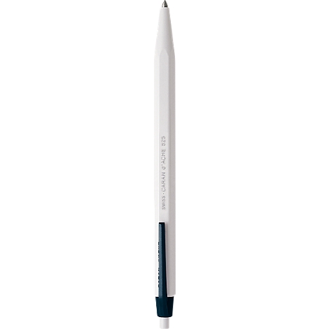 A white pen-like object with a rounded tip, a white body, and a dark blue cylindrical lower part.