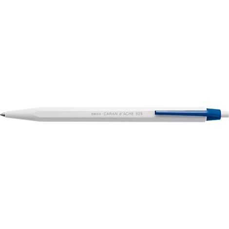 White ballpoint pen with a blue pen end. The shaft says: MINI. CABAN. CACHE 1.5.