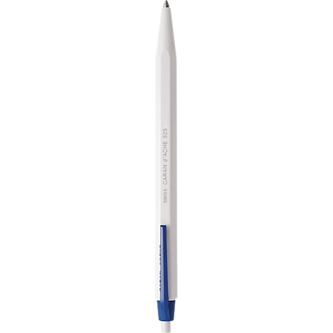 A white pen with a blue end and a metal tip. Writing can be seen on the pen.