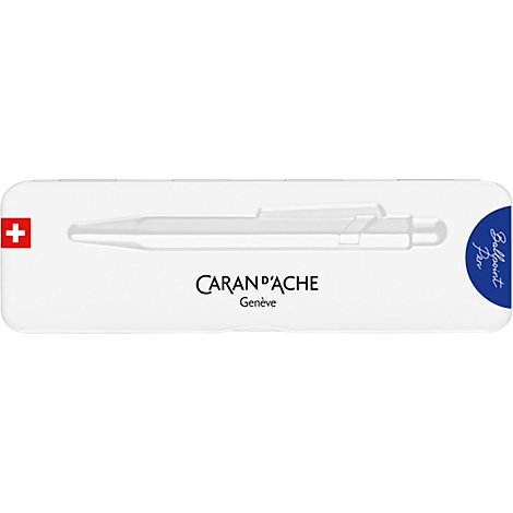 White pen packaging, the Swiss cross, CARAN D'ACHE logo, "Ballpoint Pen" in blue.