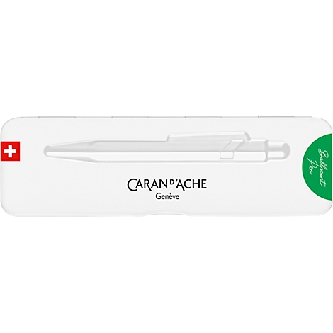 A white pen case with the outline of a pen. Swiss cross on the left, green oval inscription on the right: Ballpoint Pen.