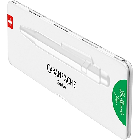 White Caran d'Ache ballpoint pen packaging with Swiss cross. Green label reads 'Ballpoint Pen'.