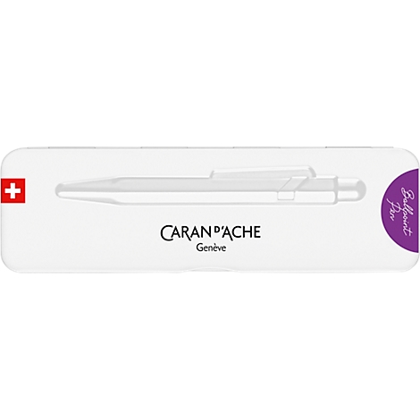 White pen packaging with pen drawing. Caran d'Ache logo, Swiss cross. Purple corner with lettering.