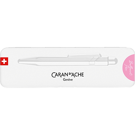 White product packaging with Swiss cross, text "CARAN D'ACHE Genève" and pink label.