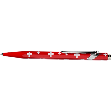 Red ballpoint pen with white crosses, silver clip and tip.