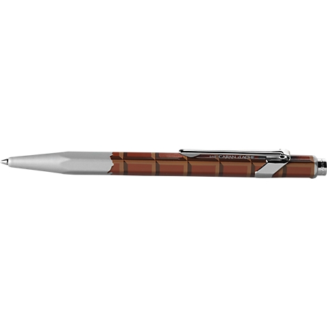 Pen with brown patterned shaft and silver clip.