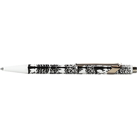 Ballpoint pen with black and white pattern and silver clip.