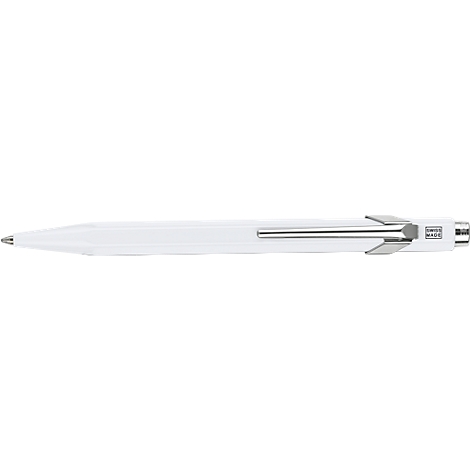 White ballpoint pen with silver details. The tip tapers to a point. “Swiss Made” is written at the end.