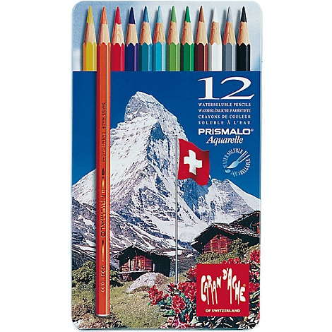 Colored pencils in a metal box with a Swiss landscape. In front, a single orange pencil.