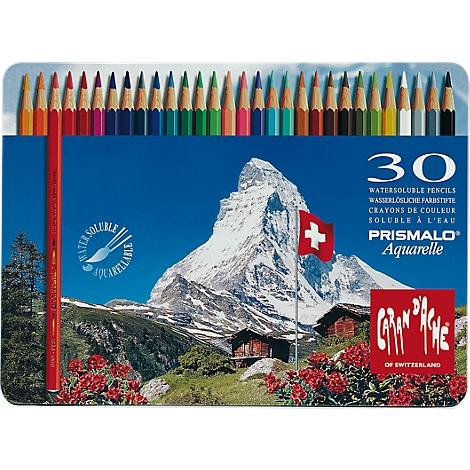 Pencils in a box. Printed on it are a Matterhorn, a Swiss flag and the lettering Prismalo.
