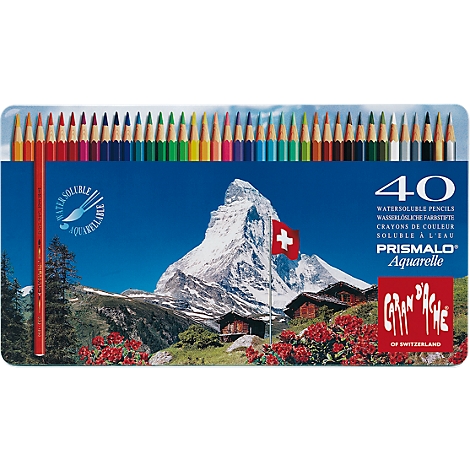 A box of 40 colored pencils displaying a landscape featuring the Matterhorn.