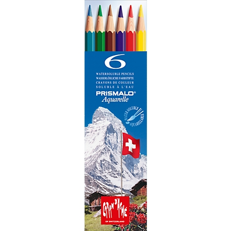 Six colored pencils in a row. Inscription: Prismalo Aquarelle, the Swiss flag, and a mountain in the background.