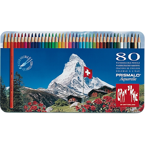 Colored pencils in a box. Prints: Prismalo Aquarelle, 80 Water-soluble pencils. Matterhorn and Swiss flag in the background.