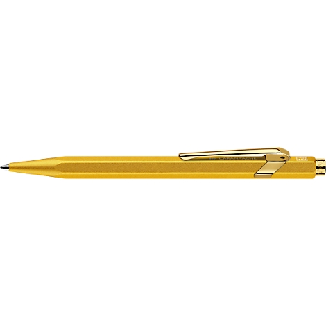 Goldfarbener Kugelschreiber, Detailaufnahme. Gehäuse kantig, glänzend, mit Clip.