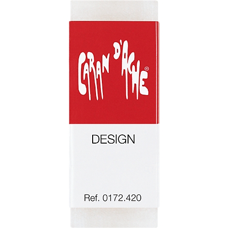 A rectangular eraser divided into two areas: red at the top with white lettering, white at the bottom with black lettering.