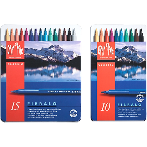 Two packs of fibre pens. Left: 15 pens, blue case with mountain landscape. Right: 10 pens, similar design.